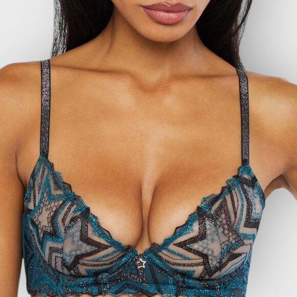 Savage X Fenty Shining Star Embroidered Unlined Demi Bra | 32D | Blue Festival - Picture 3 of 10